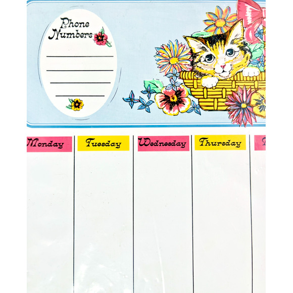 Vintage Weekly Planner Organizer Cats Kittens Dry Erase Magnetic Reusable NOS - Picture 2 of 7